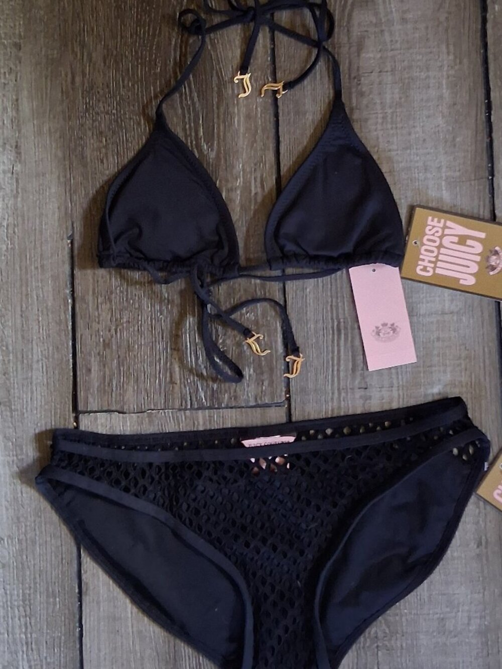 new Juicy Couture Black Bikini Mesh String Triangle top XS / Small